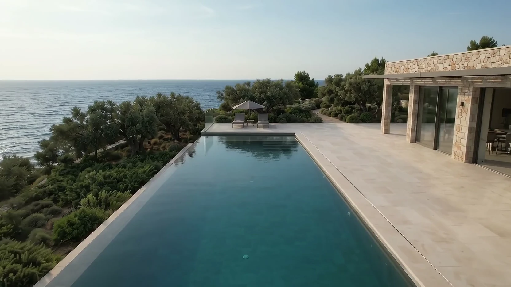 Infinity pool beside a limestone house, with an open view of the sea.