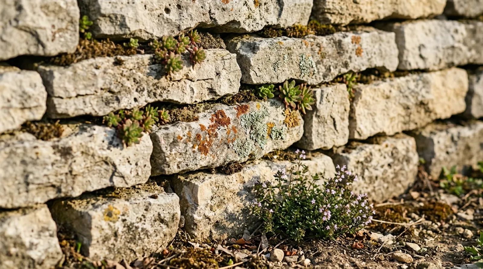 Dry-stone wall with lichen and thyme in its joints.