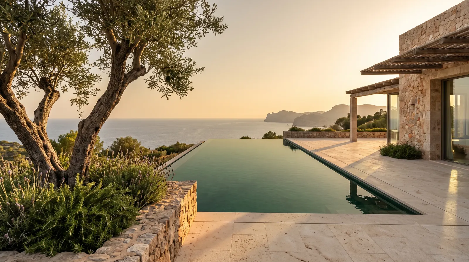 A limestone terrace beside a sea-facing infinity pool with an olive tree in the late afternoon.